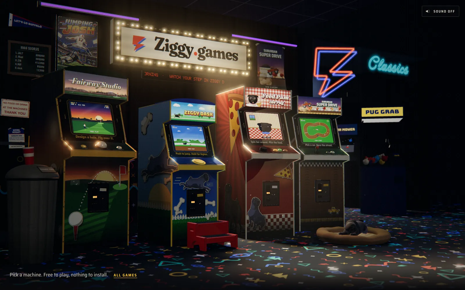 The Ziggy Games arcade in a desktop browser: a dark 3D arcade room with lit game cabinets under a marquee that reads Ziggy.games, a Buffalo pennant and a high-score board on the wall, a black pug asleep on a dog bed, and a red step stool