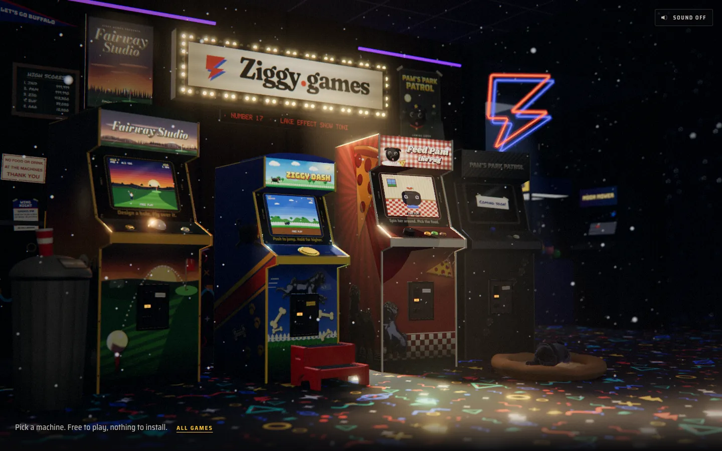 Lake-effect snow falling inside the Ziggy Games arcade room