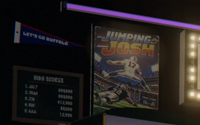 Close-up: a Let's Go Buffalo pennant above the high-score board, beside the Jumping Josh poster