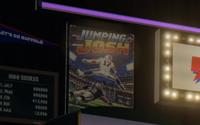 Close-up: the Jumping Josh poster, framed and lit on the arcade wall