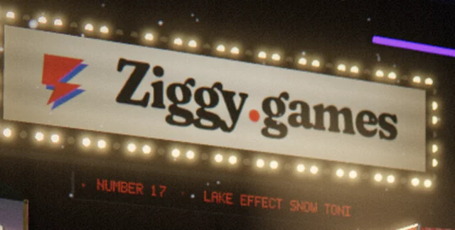 Close-up: the lit Ziggy.games marquee with the LED ticker reading Number 17, lake effect snow tonight