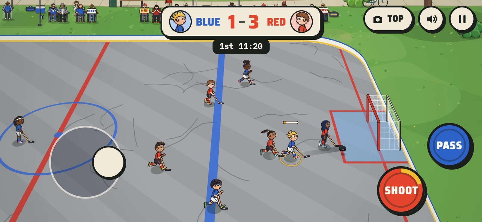 Hockey Kids on a phone held sideways: Ziggy charges a shot at Red's crease, with the Pass and Shoot buttons on screen