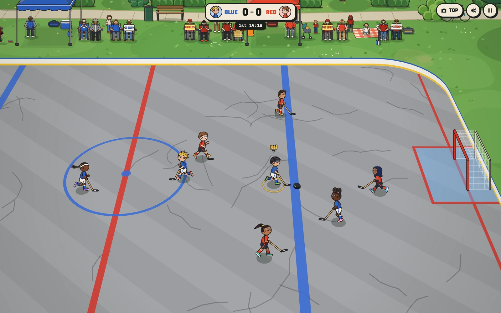 Hockey Kids: kids with sticks chasing the puck on a light gray blacktop rink