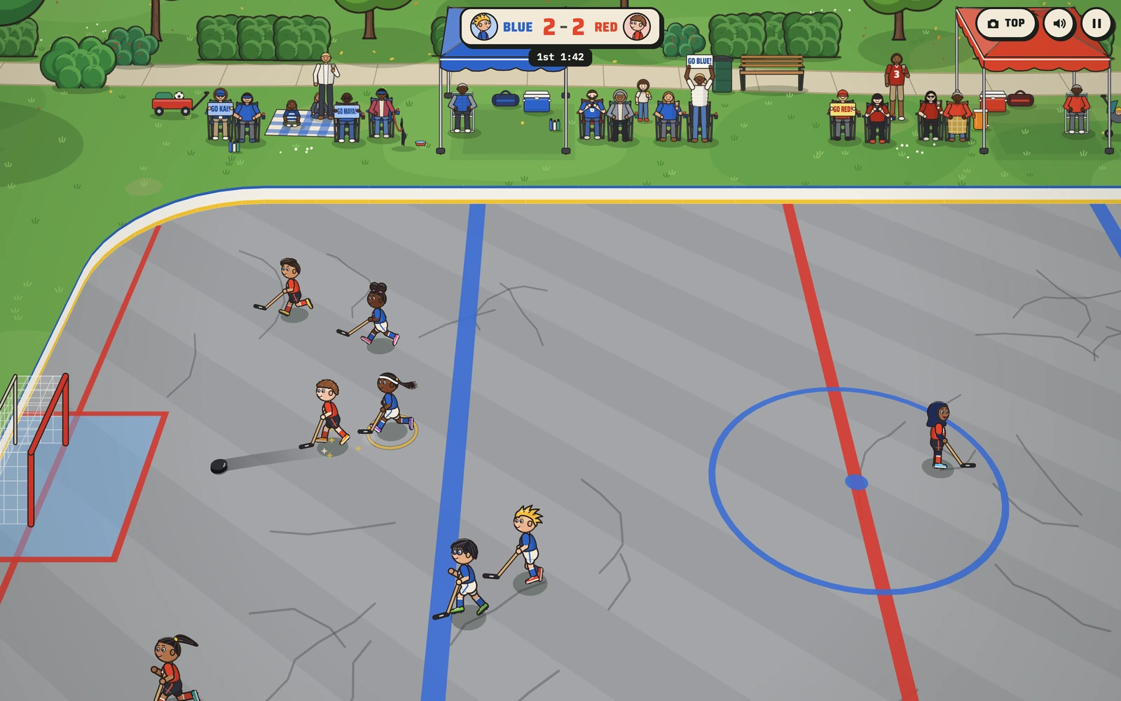 Hockey Kids: Leo's hard shot a tenth of a second after he lets it go, the puck streaking toward goal with Amara alongside