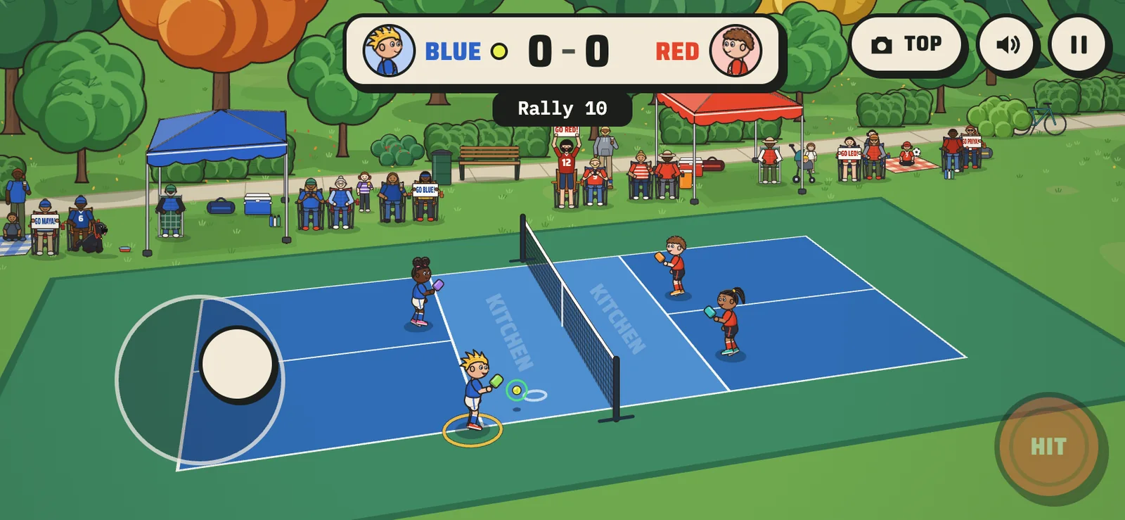 Pickle Kids on a phone held sideways: the timing ring turns green as Ziggy gets ready to hit
