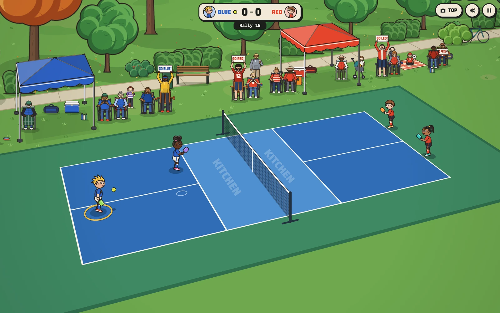 Pickle Kids: a doubles rally at the park, Blue against Red