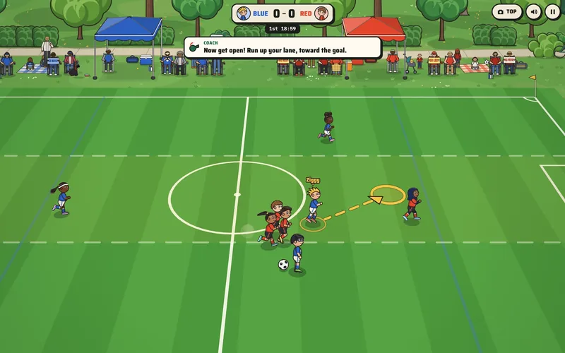 Soccer Kids Learn mode: a coach card, a guide arrow and a ring show the player where to run