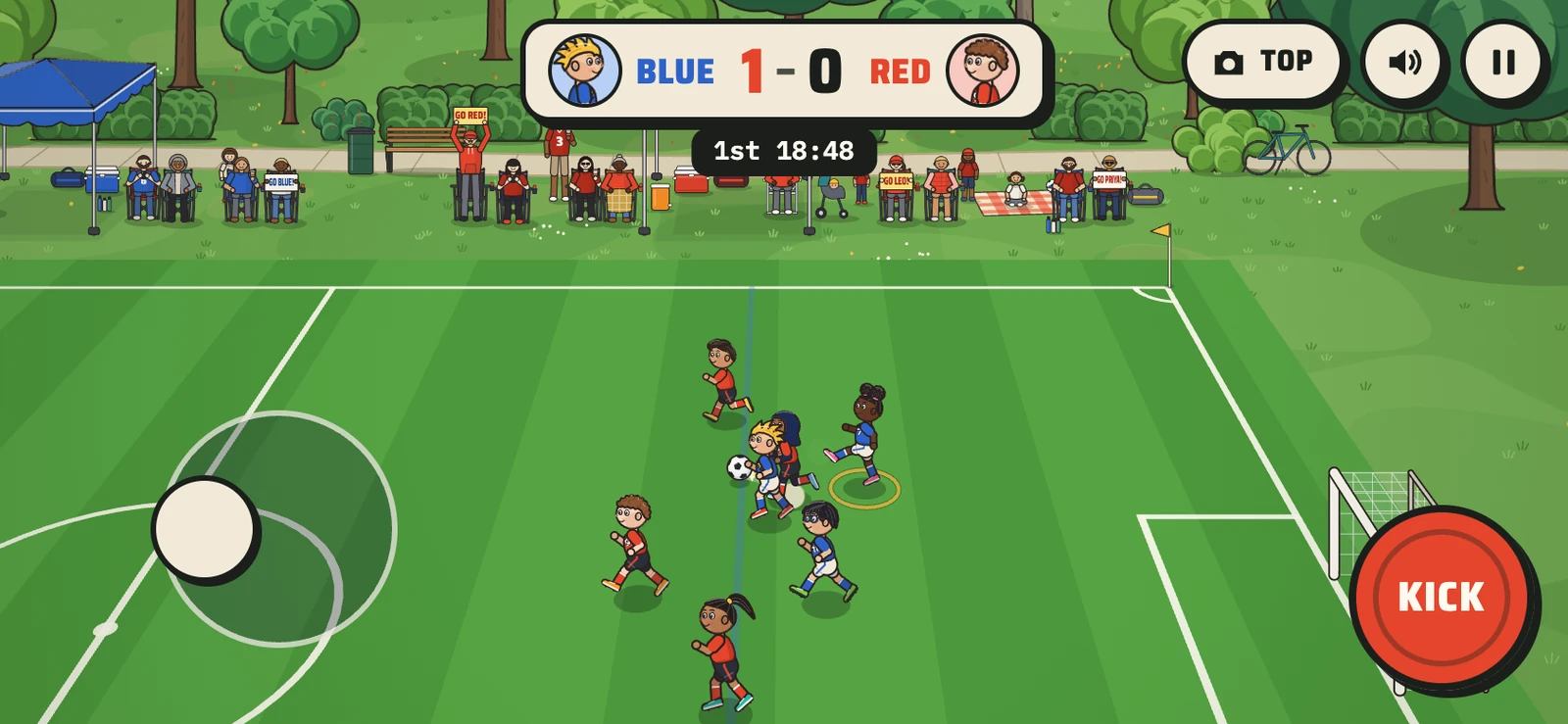 Soccer Kids on a phone held sideways: a scrum at midfield, with the thumb stick and Kick button on screen