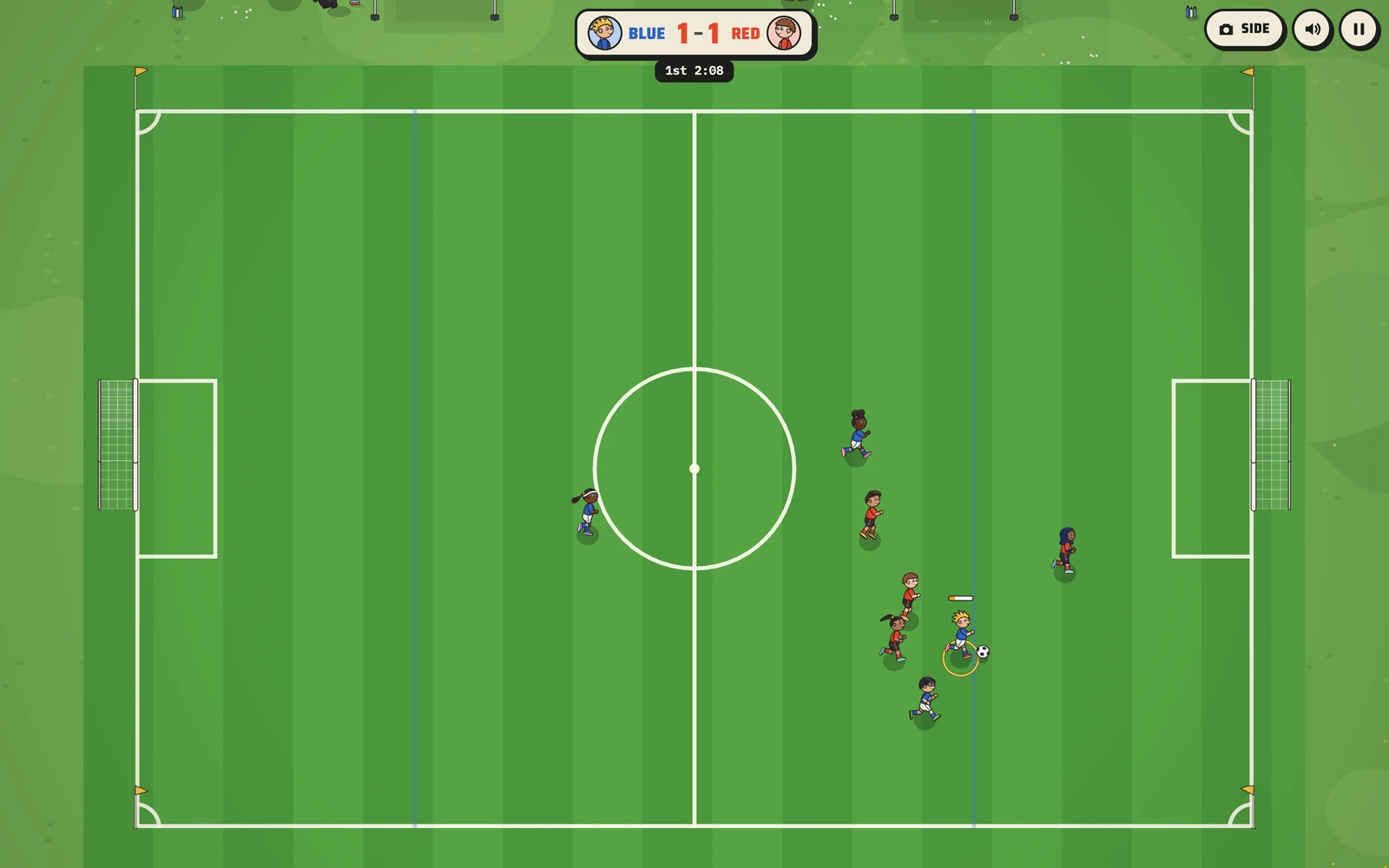Soccer Kids from the overhead camera: Ziggy dribbles up the right side with his kick meter showing