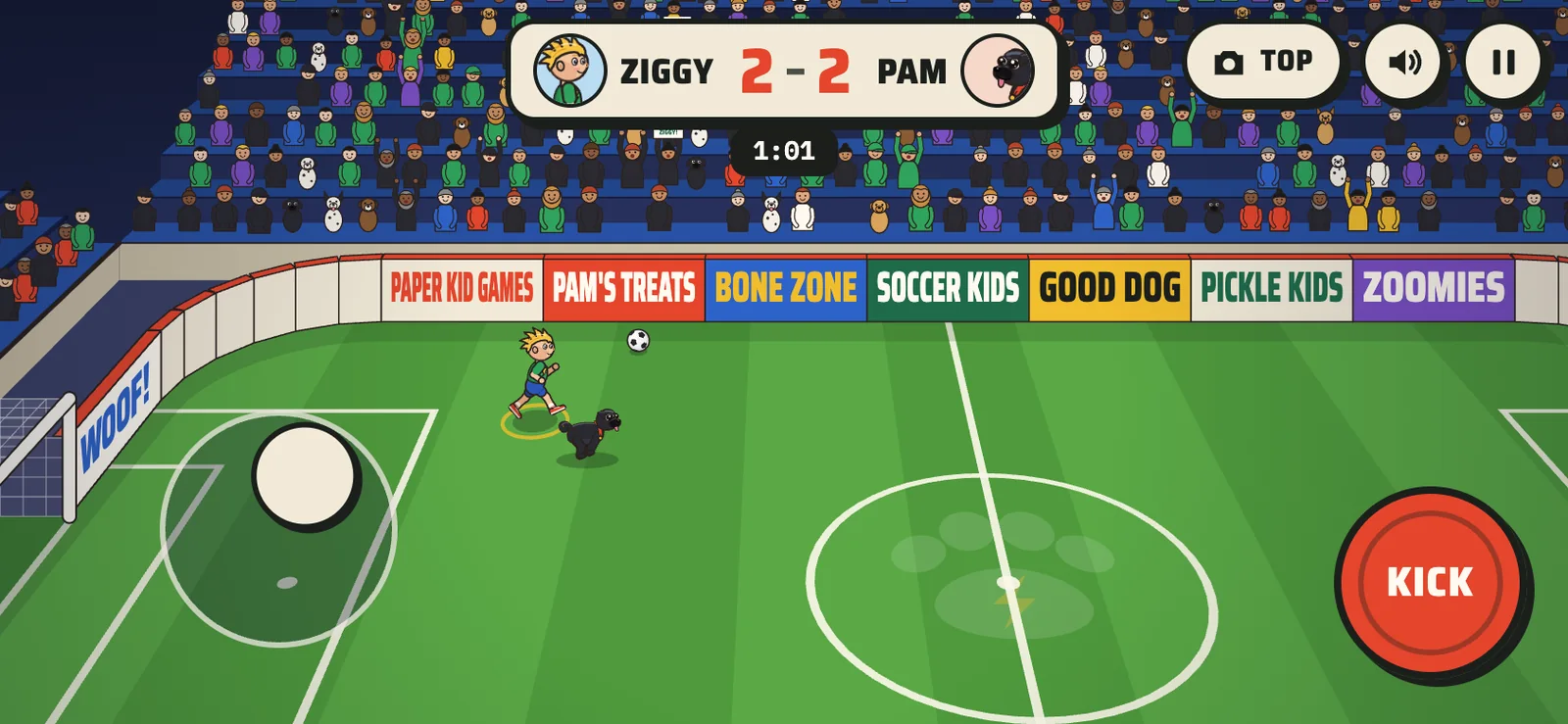 The Sports Arena on a phone held sideways: Pam steals the ball from Ziggy in the center circle, with the Kick button on screen