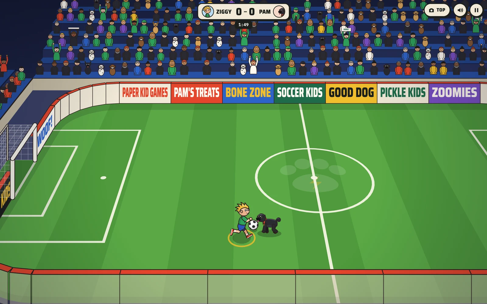 Ziggy and Pam the pug racing for the ball in the Sports Arena