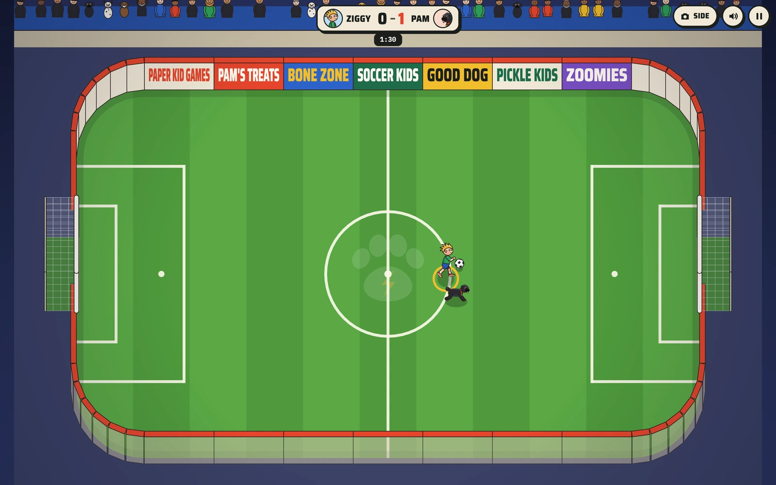 The Sports Arena from the overhead camera: Ziggy and Pam contest a loose ball at the edge of the box
