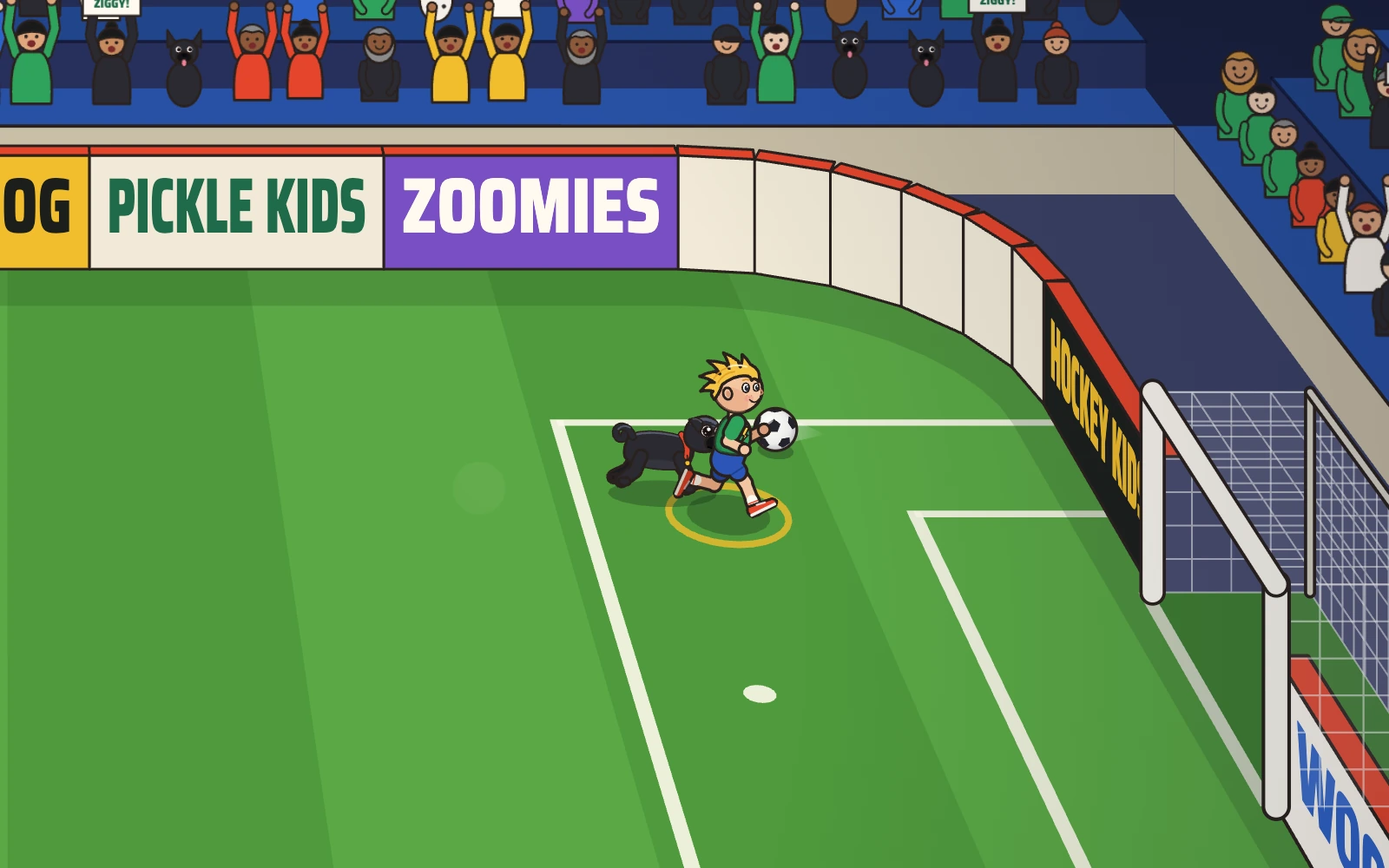 Ziggy and Pam the pug racing along the boards for the ball beside the goal